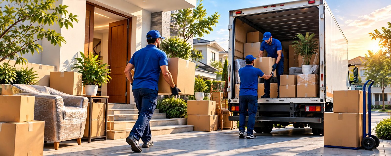 Professional movers loading a truck in front of a house on a sunny morning