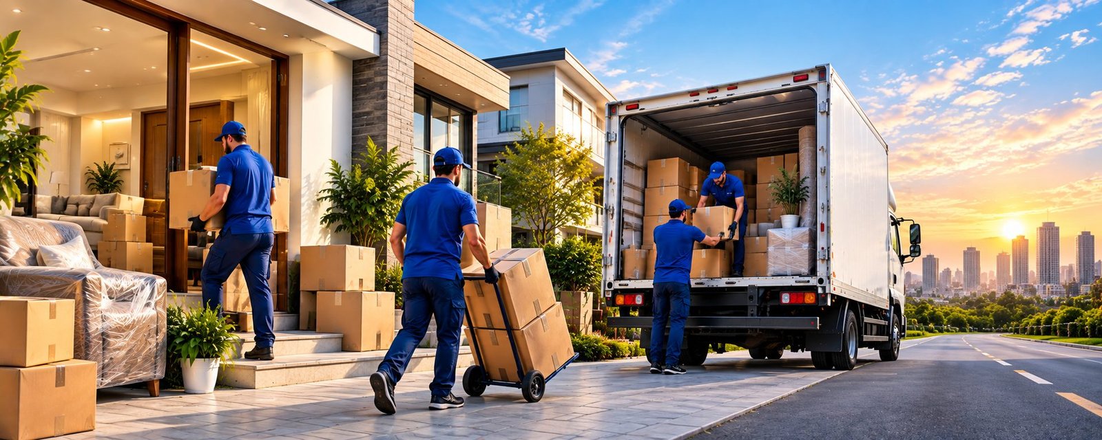 Movers carrying boxes from a home to a moving truck at sunset
